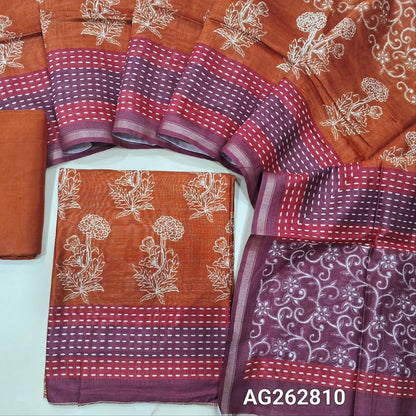 Rust Orange digital printed premium chanderi silk cotton unstitched salwar material (Lightweight, Lining Needed) gold tissue borders, Matching santoon bottom, digital printed chanderi silk cotton dupatta. AG262810
