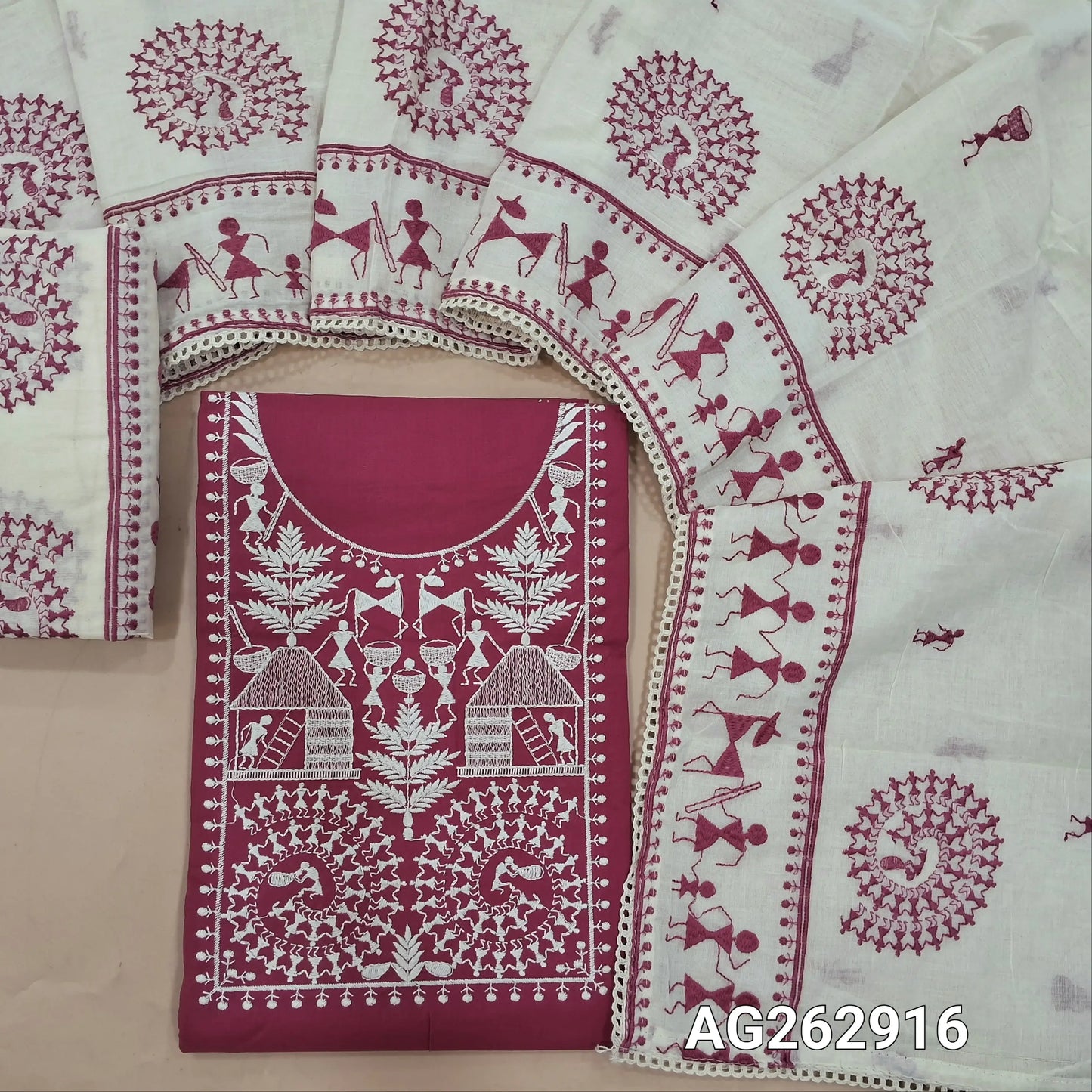 Pink pure cotton unstitched salwar material, rich warli embroidery on yoke and front (Lining Needed) cotton bottom with embroidery, premium mul cotton dupatta with heavy warli embroidery. AG262916