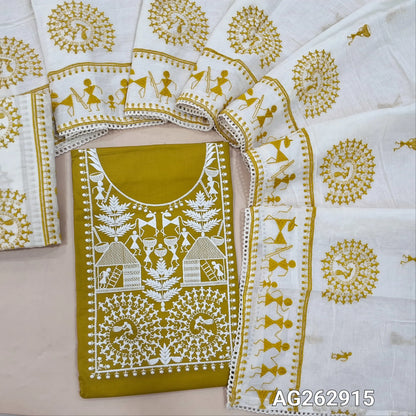 Mehandhi Yellow pure cotton unstitched salwar material, rich warli embroidery on yoke and front (Lining Needed) cotton bottom with embroidery, premium mul cotton dupatta with heavy warli embroidery. AG262915