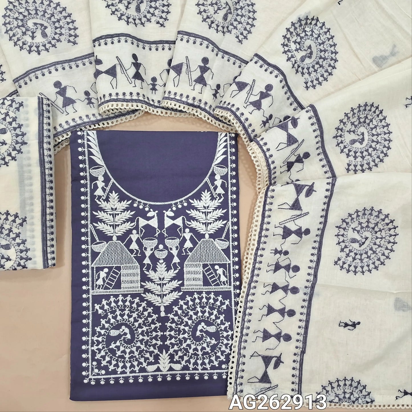 Purple pure cotton unstitched salwar material, rich warli embroidery on yoke and front (Lining Needed) cotton bottom with embroidery, premium mul cotton dupatta with heavy warli embroidery. AG262913