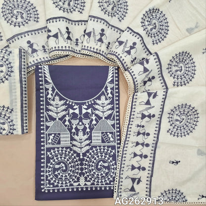 Purple pure cotton unstitched salwar material, rich warli embroidery on yoke and front (Lining Needed) cotton bottom with embroidery, premium mul cotton dupatta with heavy warli embroidery. AG262913