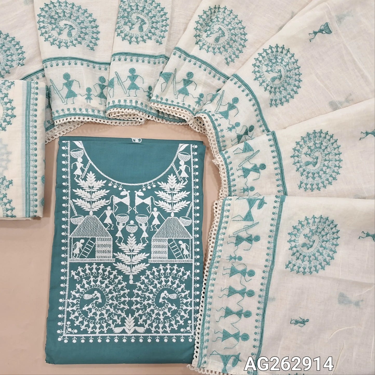 Pastel Blue pure cotton unstitched salwar material, rich warli embroidery on yoke and front (Lining Needed) cotton bottom with embroidery, premium mul cotton dupatta with heavy warli embroidery. AG262914
