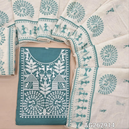 Pastel Blue pure cotton unstitched salwar material, rich warli embroidery on yoke and front (Lining Needed) cotton bottom with embroidery, premium mul cotton dupatta with heavy warli embroidery. AG262914