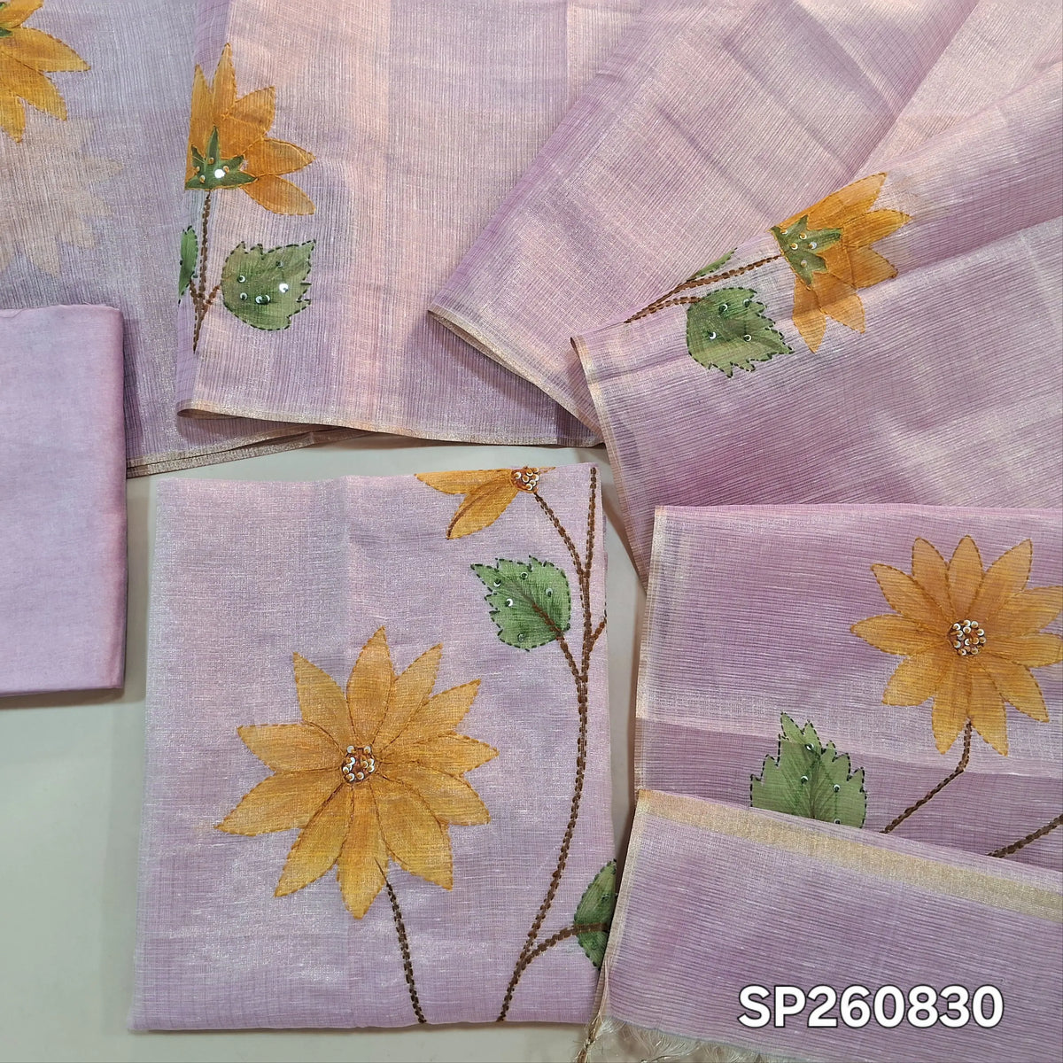 Designer pastel pink golden tint tissue kota unstitched salwar material, floral design with hand brush paint, kantha stitch and sequins on front,(lining needed)santoon bottom,floral printed and brush paint on tissue kota dupatta. SP260830