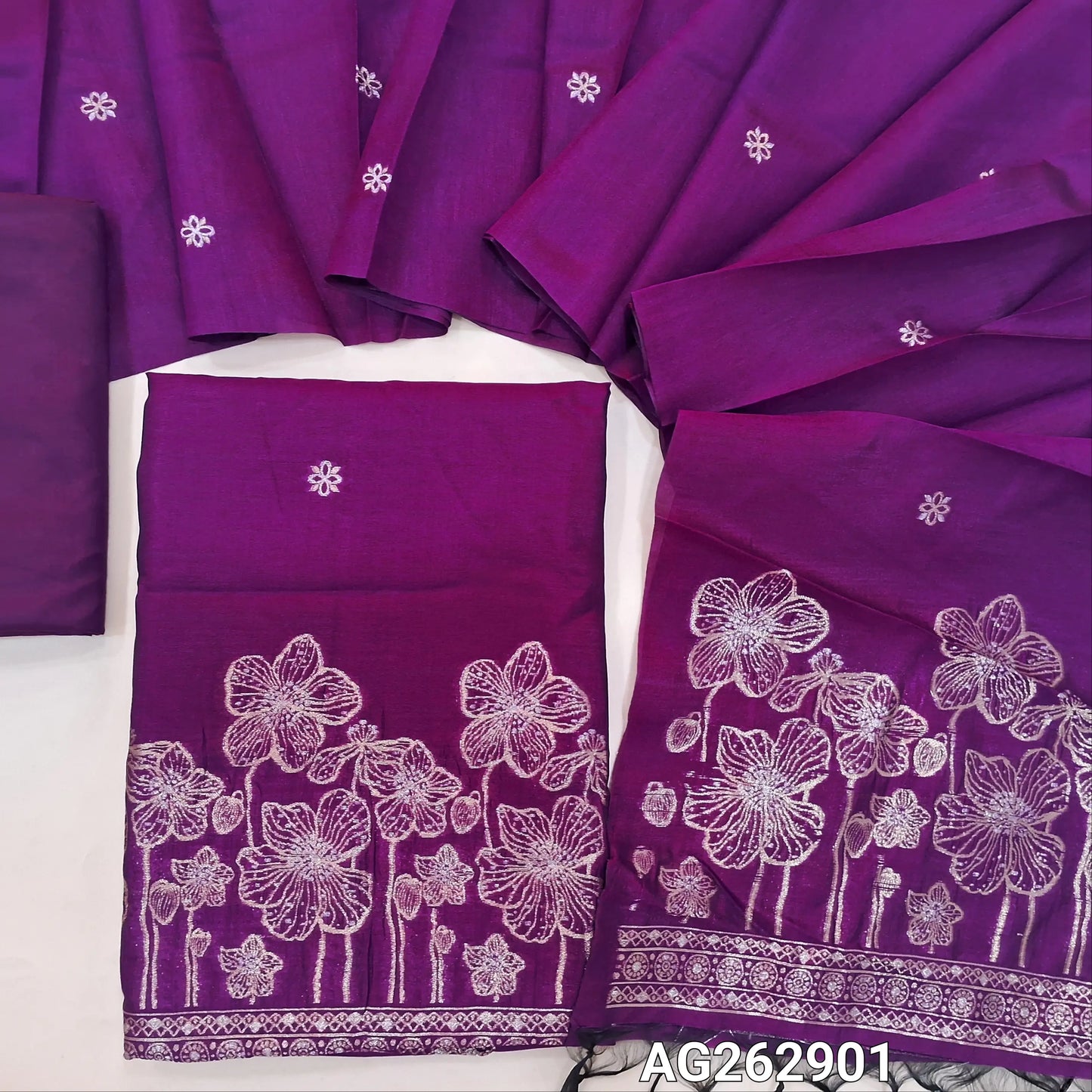 Purple designer premium silk unstitched salwar material, gold and silver benarasi zari woven buttas and rich daman (Thin, Lining Needed) Matching silky bottom, benarasi zari woven premium silk dupatta. AG262901