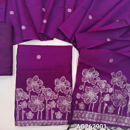 Purple designer premium silk unstitched salwar material, gold and silver benarasi zari woven buttas and rich daman (Thin, Lining Needed) Matching silky bottom, benarasi zari woven premium silk dupatta. AG262901