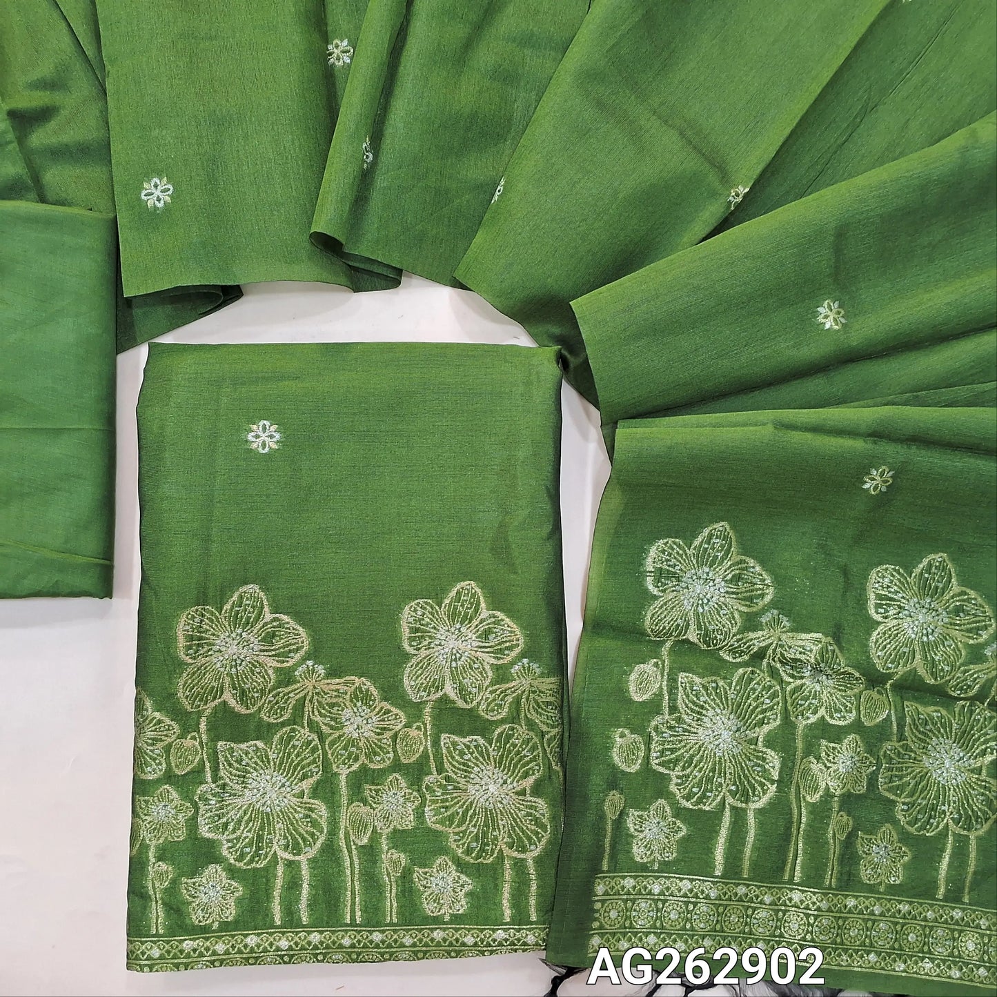 Leafy Green designer premium silk unstitched salwar material, gold and silver benarasi zari woven buttas and rich daman (Thin, Lining Needed) Matching silky bottom, benarasi zari woven premium silk dupatta. AG262902