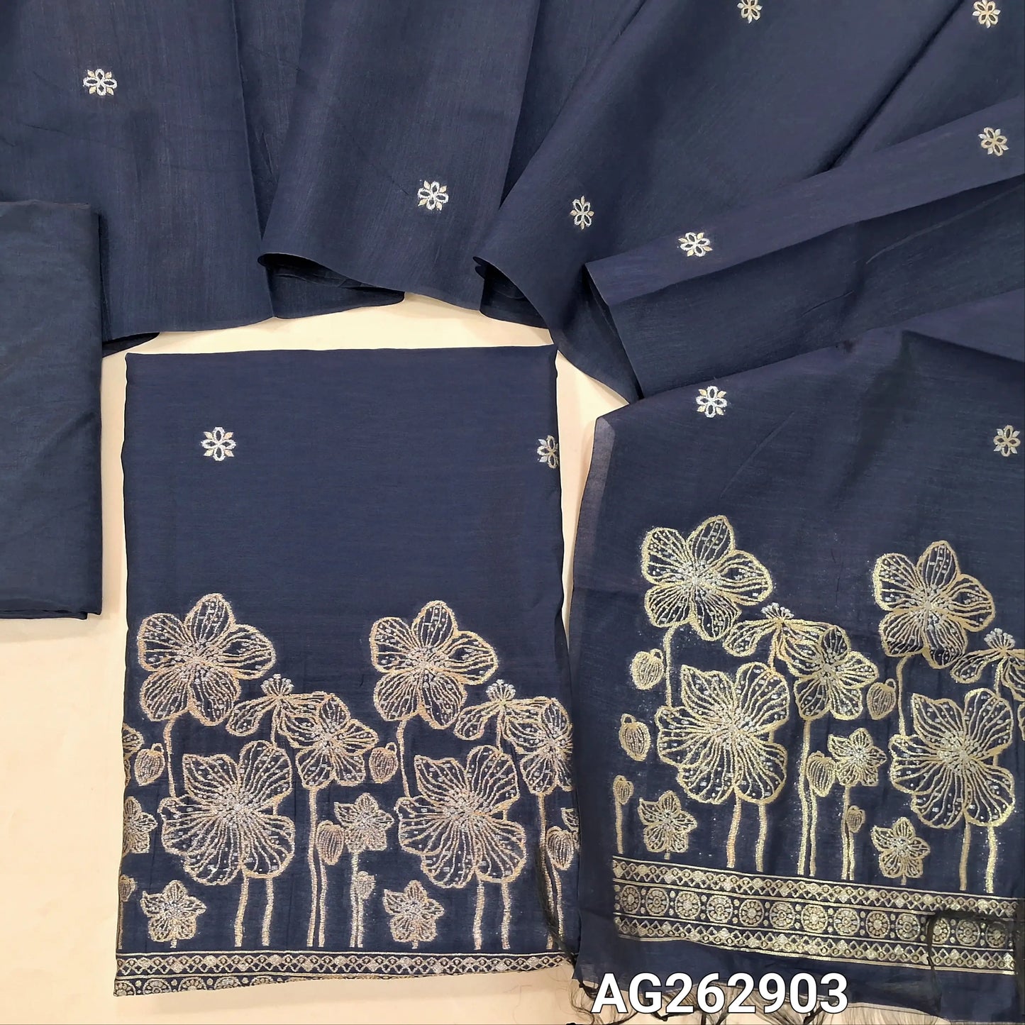Dark Blue designer premium silk unstitched salwar material, gold and silver benarasi zari woven buttas and rich daman (Thin, Lining Needed) Matching silky bottom, benarasi zari woven premium silk dupatta. AG262903