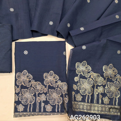 Dark Blue designer premium silk unstitched salwar material, gold and silver benarasi zari woven buttas and rich daman (Thin, Lining Needed) Matching silky bottom, benarasi zari woven premium silk dupatta. AG262903