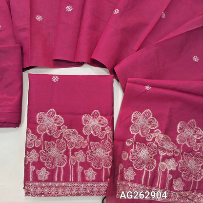 Pink designer premium silk unstitched salwar material, gold and silver benarasi zari woven buttas and rich daman (Thin, Lining Needed) Matching silky bottom, benarasi zari woven premium silk dupatta. AG262904