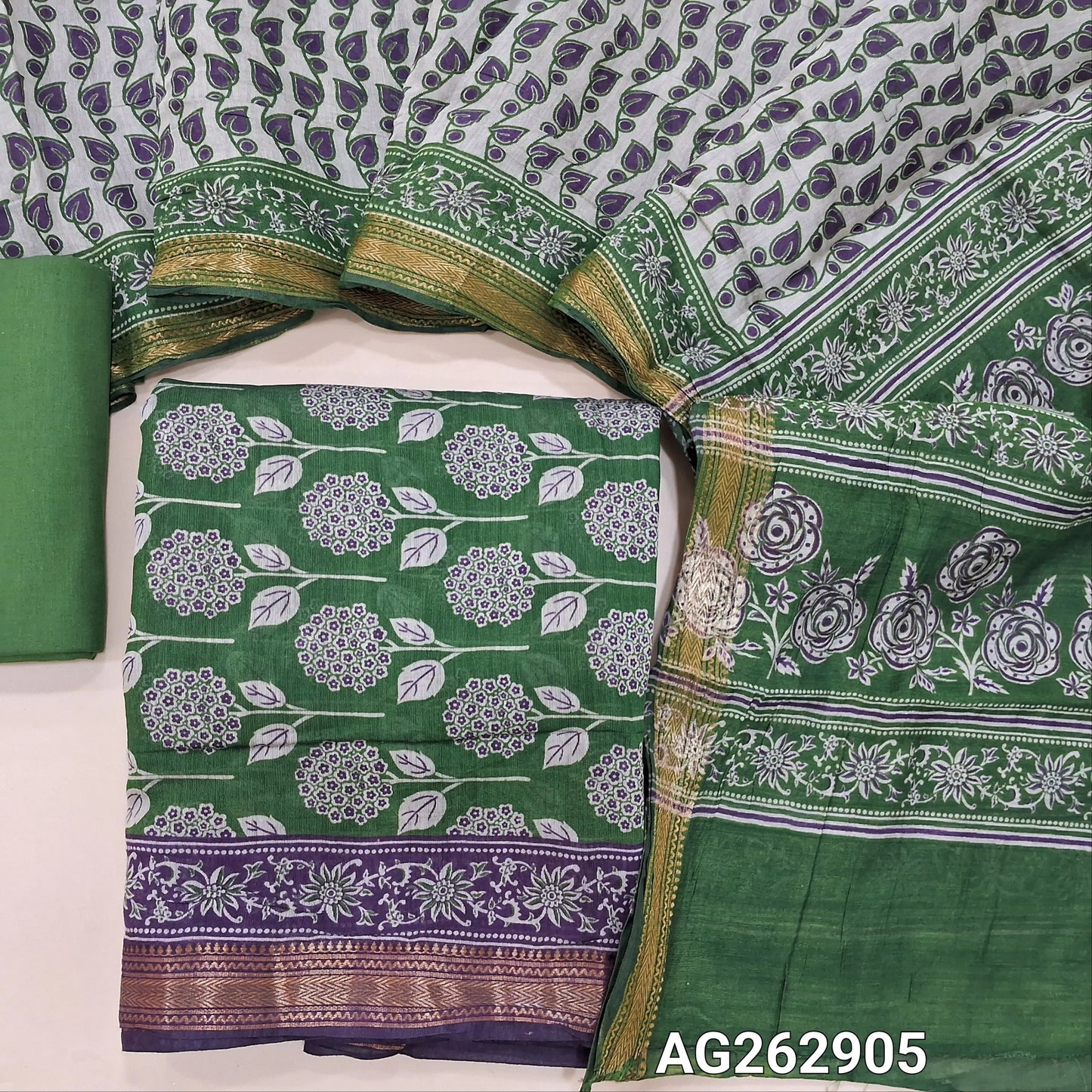 Leafy Green soft silk cotton unstitched salwar material, digital printed all over with zari woven daman border (Thin, Lining Needed) Matching cotton bottom, digital printed soft silk cotton dupatta. AG262905