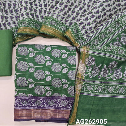 Leafy Green soft silk cotton unstitched salwar material, digital printed all over with zari woven daman border (Thin, Lining Needed) Matching cotton bottom, digital printed soft silk cotton dupatta. AG262905