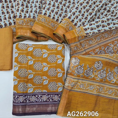 Mehandhi Yellow soft silk cotton unstitched salwar material, digital printed all over with zari woven daman border (Thin, Lining Needed) Matching cotton bottom, digital printed soft silk cotton dupatta. AG262906