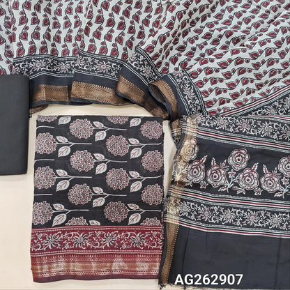 Black soft silk cotton unstitched salwar material, digital printed all over with zari woven daman border (Thin, Lining Needed) Matching cotton bottom, digital printed soft silk cotton dupatta. AG262907