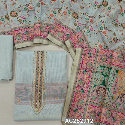 Rich beige jamdani woven premium silk cotton unstitched salwar material, yoke with embroidery & bead work, meenakari woven buttas all over, rich daman (Thin, Lining Needed) santoon bottom, meenakari woven silk cotton dupatta with borders. AG262912