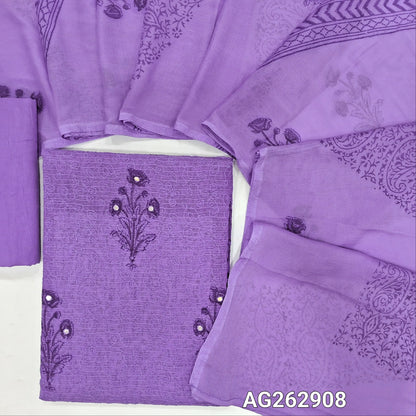 Purple kota unstitched salwar material, block prints all over with rich self embroidery (Thin, Lining Needed) matching cotton lining provided, NO BOTTOM, Block printed fancy chiffon dupatta. AG262908
