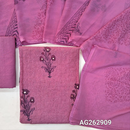 Pastel Pink kota unstitched salwar material, block prints all over with rich self embroidery (Thin, Lining Needed) matching cotton lining provided, NO BOTTOM, Block printed fancy chiffon dupatta. AG262909