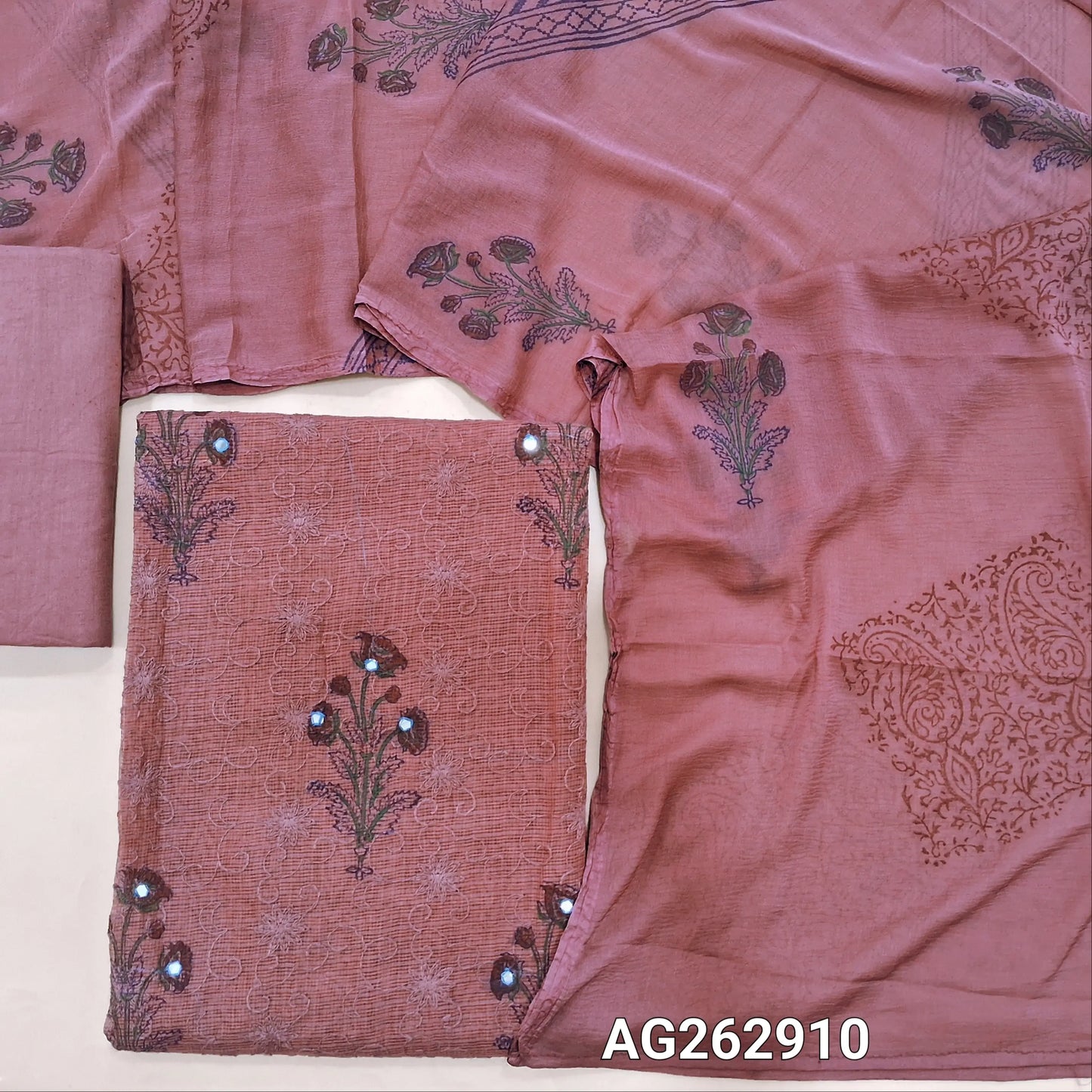 Onion Pink kota unstitched salwar material, block prints all over with rich self embroidery (Thin, Lining Needed) matching cotton lining provided, NO BOTTOM, Block printed fancy chiffon dupatta. AG262910