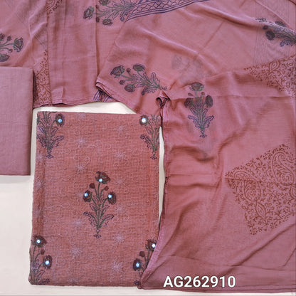 Onion Pink kota unstitched salwar material, block prints all over with rich self embroidery (Thin, Lining Needed) matching cotton lining provided, NO BOTTOM, Block printed fancy chiffon dupatta. AG262910