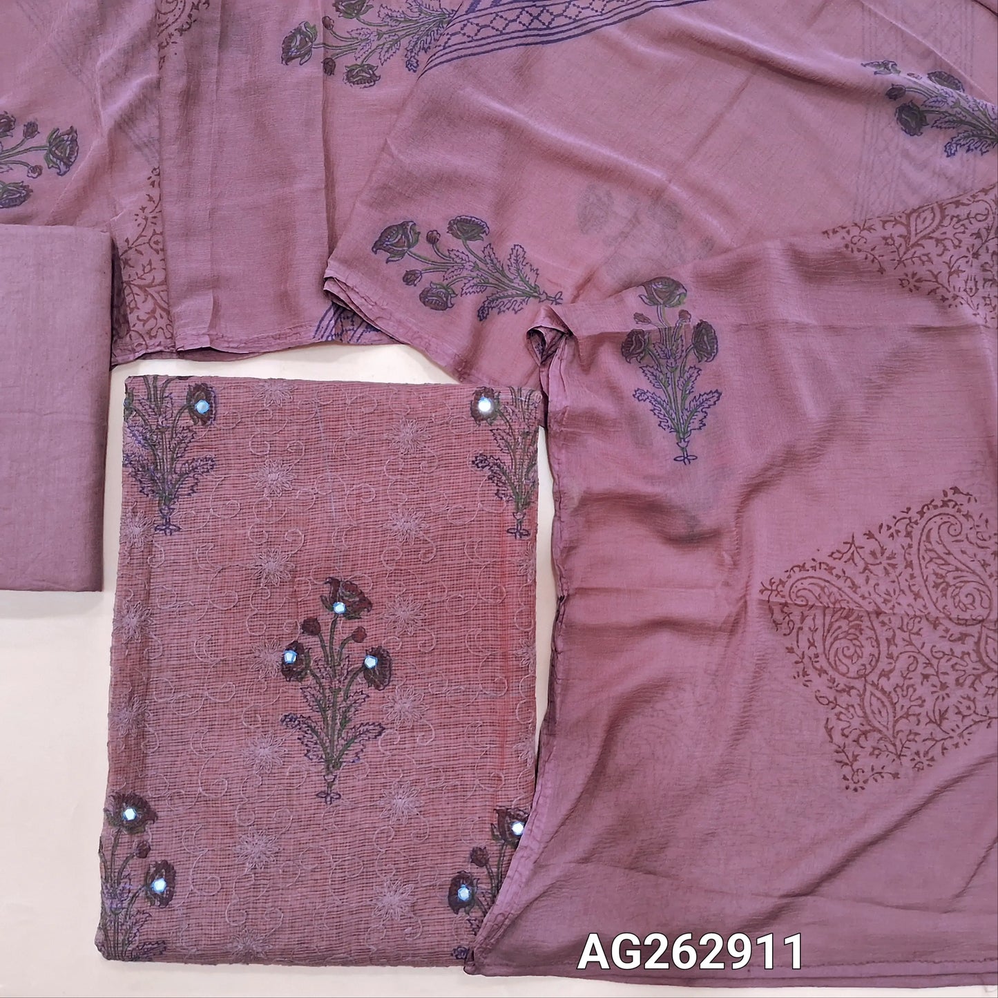 Mauve kota unstitched salwar material, block prints all over with rich self embroidery (Thin, Lining Needed) matching cotton lining provided, NO BOTTOM, Block printed fancy chiffon dupatta. AG262911