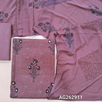 Mauve kota unstitched salwar material, block prints all over with rich self embroidery (Thin, Lining Needed) matching cotton lining provided, NO BOTTOM, Block printed fancy chiffon dupatta. AG262911
