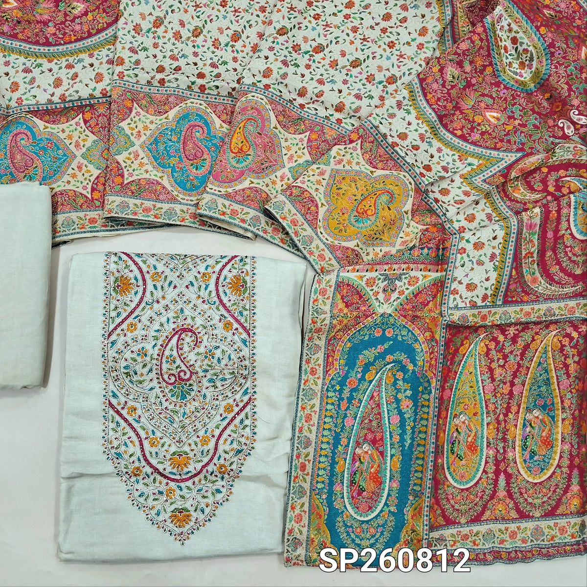 Designer rich beige russian silk unstitched salwar material, rich meenakari work on yoke (Lining Needed)matching santoon bottom, rich meenakari work on russian silk short width dupatta. SP260812