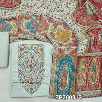 Designer rich beige russian silk unstitched salwar material, rich meenakari work on yoke (Lining Needed)matching santoon bottom, rich meenakari work on russian silk short width dupatta. SP260812