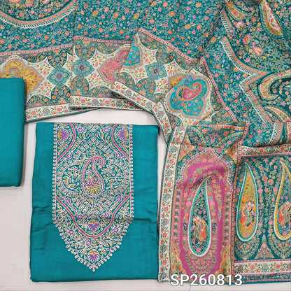 Designer turquoise blue russian silk unstitched salwar material, rich meenakari work on yoke (Lining Needed)matching santoon bottom, rich meenakari work on russian silk short width dupatta. SP260813