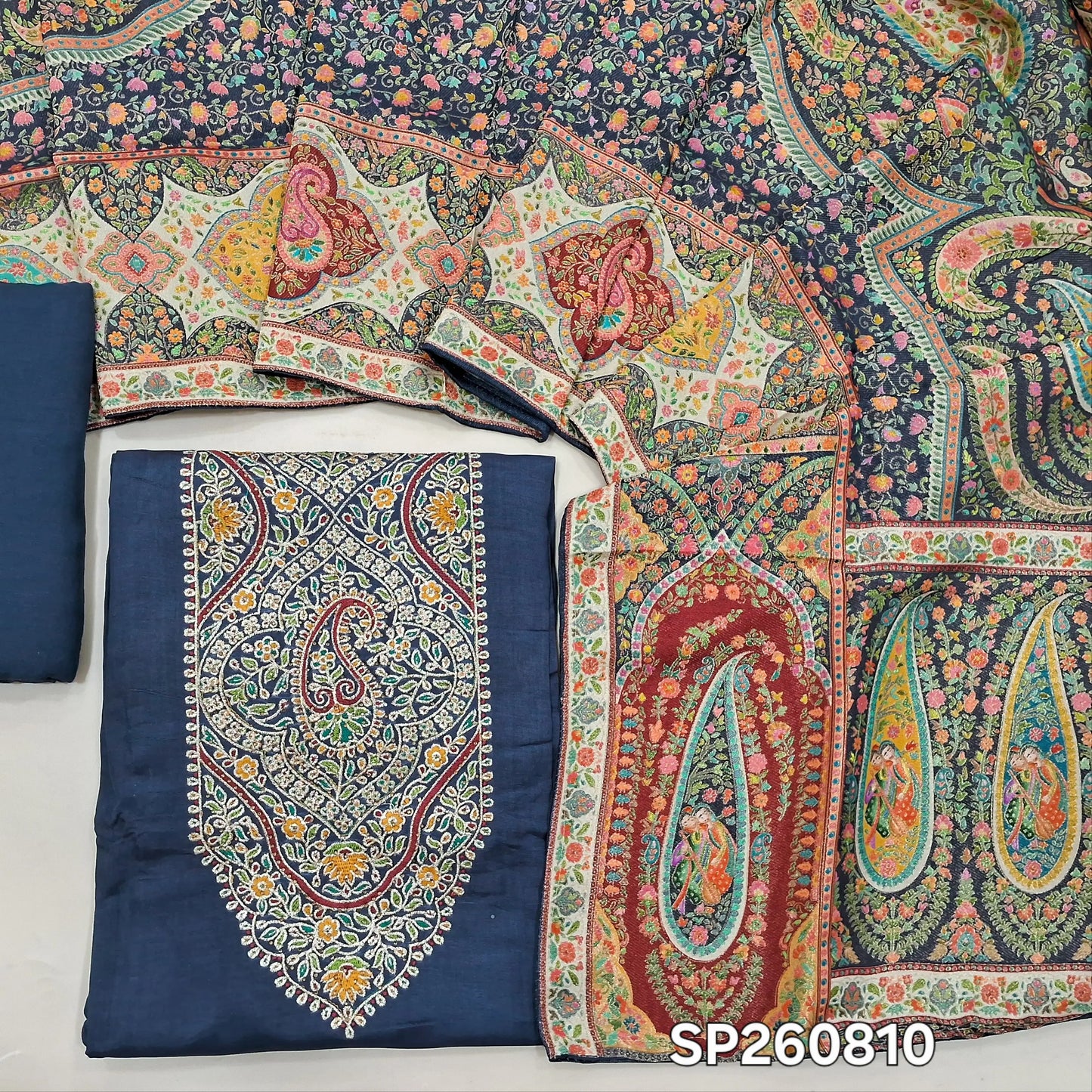 Designer dark blue russian silk unstitched salwar material, rich meenakari work on yoke (Lining Needed)matching santoon bottom, rich meenakari work on russian silk short width dupatta. SP260810