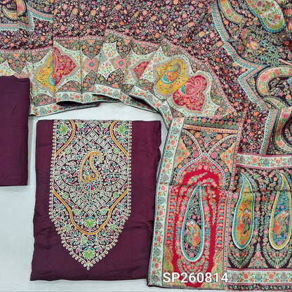 Designer dark maroon russian silk unstitched salwar material, rich meenakari work on yoke (Lining Needed)matching santoon bottom, rich meenakari work on russian silk short width dupatta. SP260814