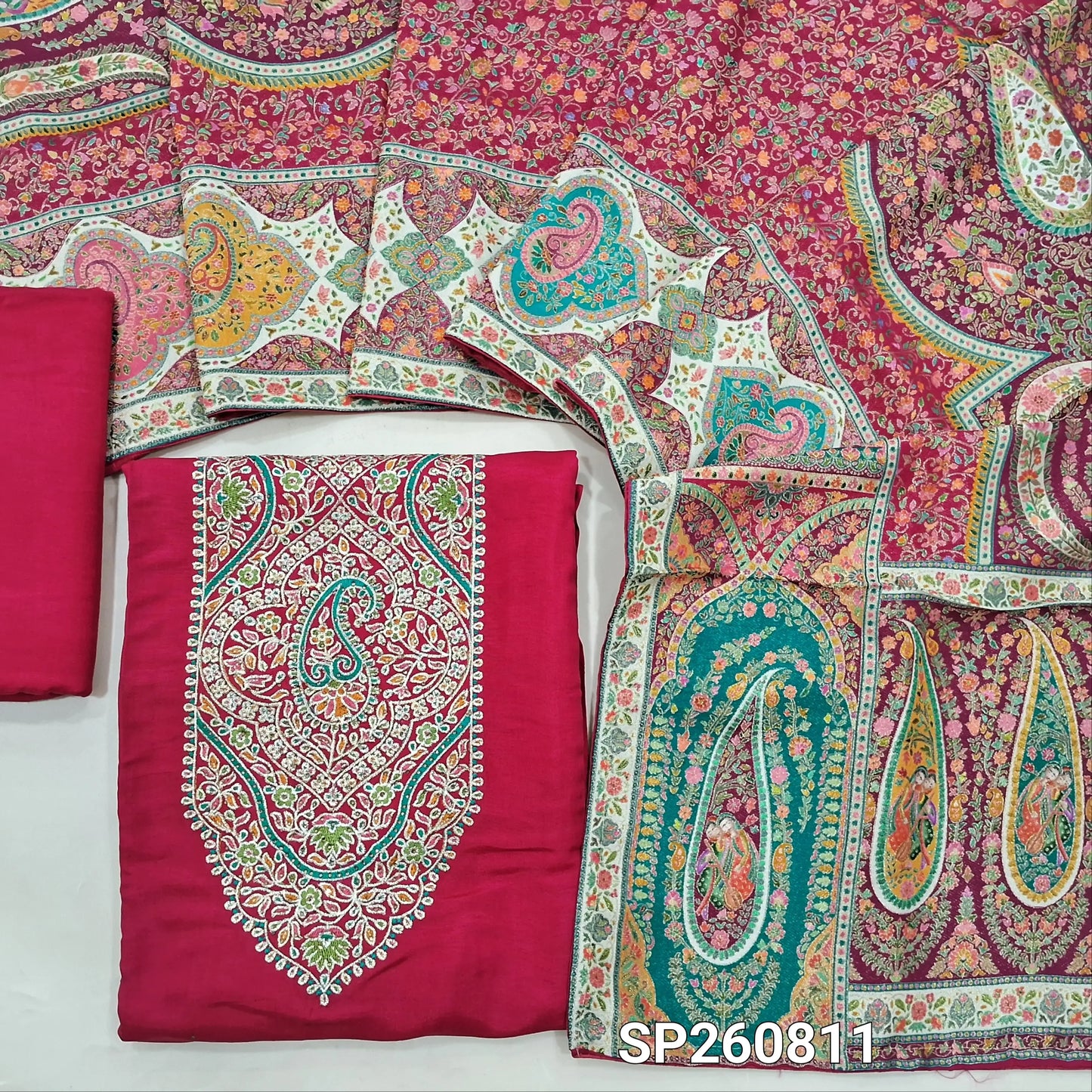 Designer bright pink russian silk unstitched salwar material, rich meenakari work on yoke (Lining Needed)matching santoon bottom, rich meenakari work on russian silk short width dupatta. SP260811