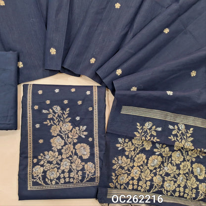 Dark blue premium silk cotton unstitched salwar material, buttas on front,antic gold and silver zari on yoke,(lining needed)silky bottom,buttas on full length silk cotton dupatta with rich pallu. OC262216