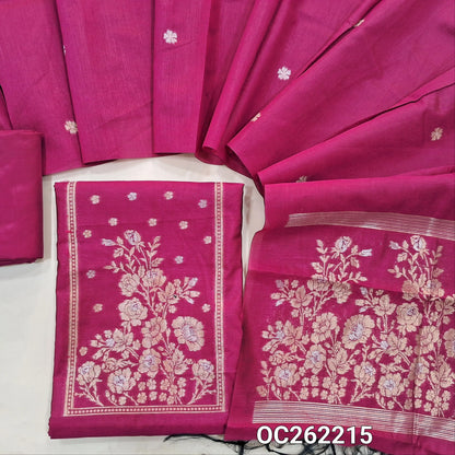 Rani pink premium silk cotton unstitched salwar material, buttas on front,antic gold and silver zari on yoke,(lining needed)silky bottom,buttas on full length silk cotton dupatta with rich pallu. OC262215