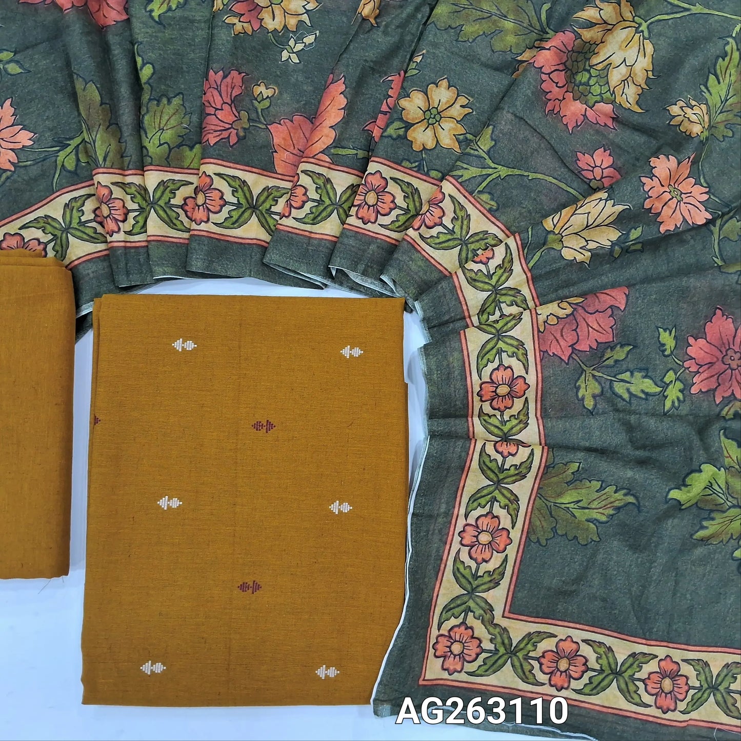 Mehandhi yellow premium handloom cotton unstitched salwar material, thread weaving all over (Lining Optional) Premium handloom cotton bottom, digital printed soft mul cotton dupatta. AG263110