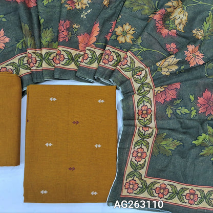 Mehandhi yellow premium handloom cotton unstitched salwar material, thread weaving all over (Lining Optional) Premium handloom cotton bottom, digital printed soft mul cotton dupatta. AG263110