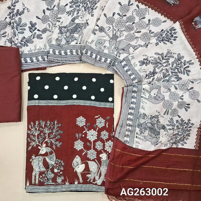 Black soft pure cotton unstitched salwar material, printed all over, contrast daman with zardosi and sequins work (Soft, Lining Needed) contrast reddish maroon cotton bottom, digital printed soft silk cotton dupatta. TAPINGS NEEDED. AG263002