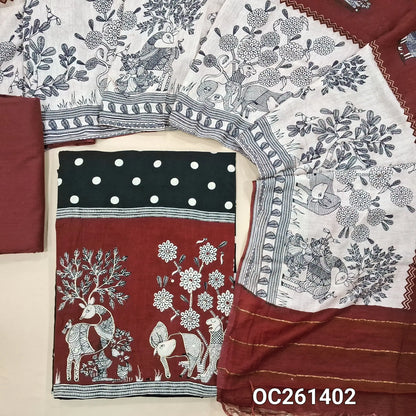 Black soft pure cotton unstitched salwar material, printed all over, contrast daman with zardosi and sequins work (Soft, Lining Needed) reddish maroon cotton bottom, digital printed soft chanderi silk cotton dupatta. TAPINGS NEEDED. OC261402
