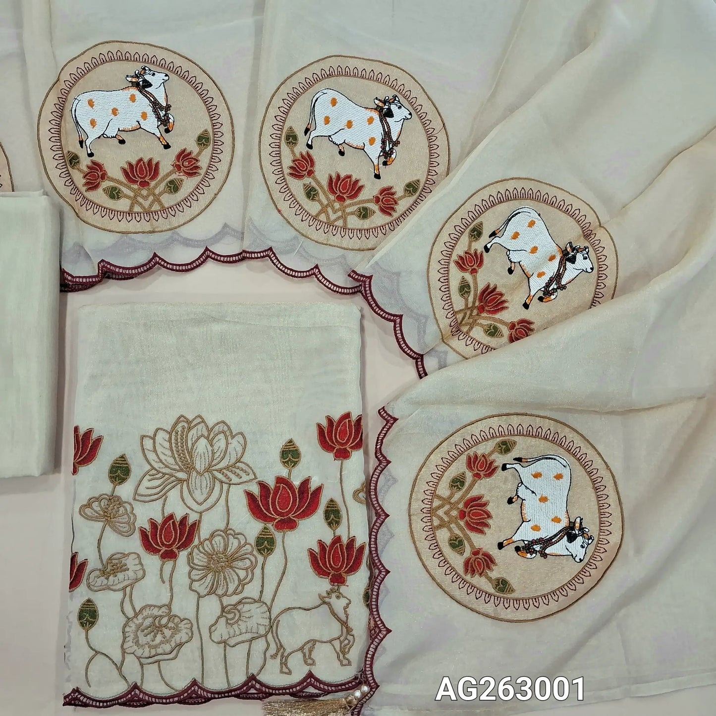 Designer rich beige with golden tint pure tissue organza silk unstitched salwar material, rich embroidery on daman (Thin, Lining Needed) Matching Santoon Bottom, Pure tissue oraganza silk dupatta with rich applique work and scallop borders. AG263001