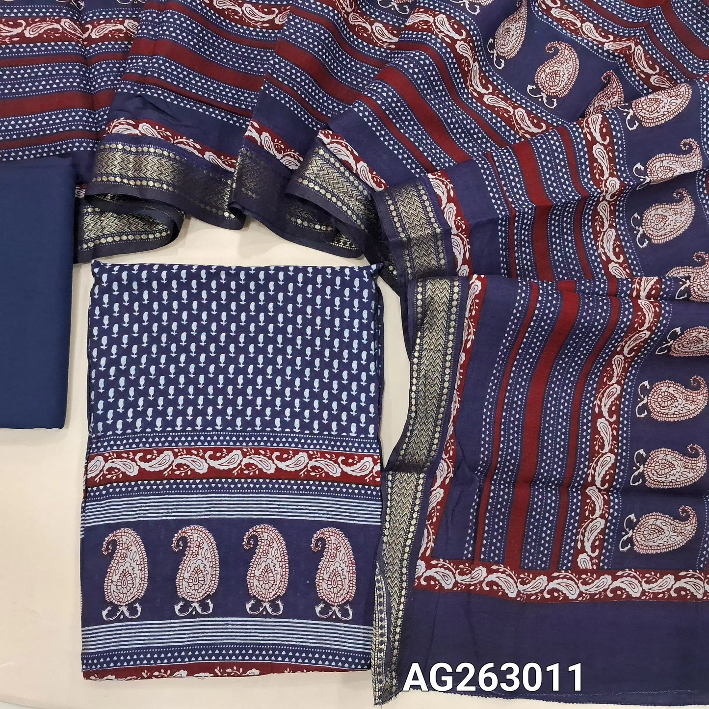 Dark Blue soft chanderi silk cotton unstitched salwar material, digital printed, zari woven borders for sleeves (Lining Needed) Matching Spun Cotton Bottom, Chanderi Silk Cotton dupatta with borders. AG263010