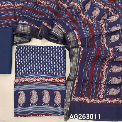 Dark Blue soft chanderi silk cotton unstitched salwar material, digital printed, zari woven borders for sleeves (Lining Needed) Matching Spun Cotton Bottom, Chanderi Silk Cotton dupatta with borders. AG263010