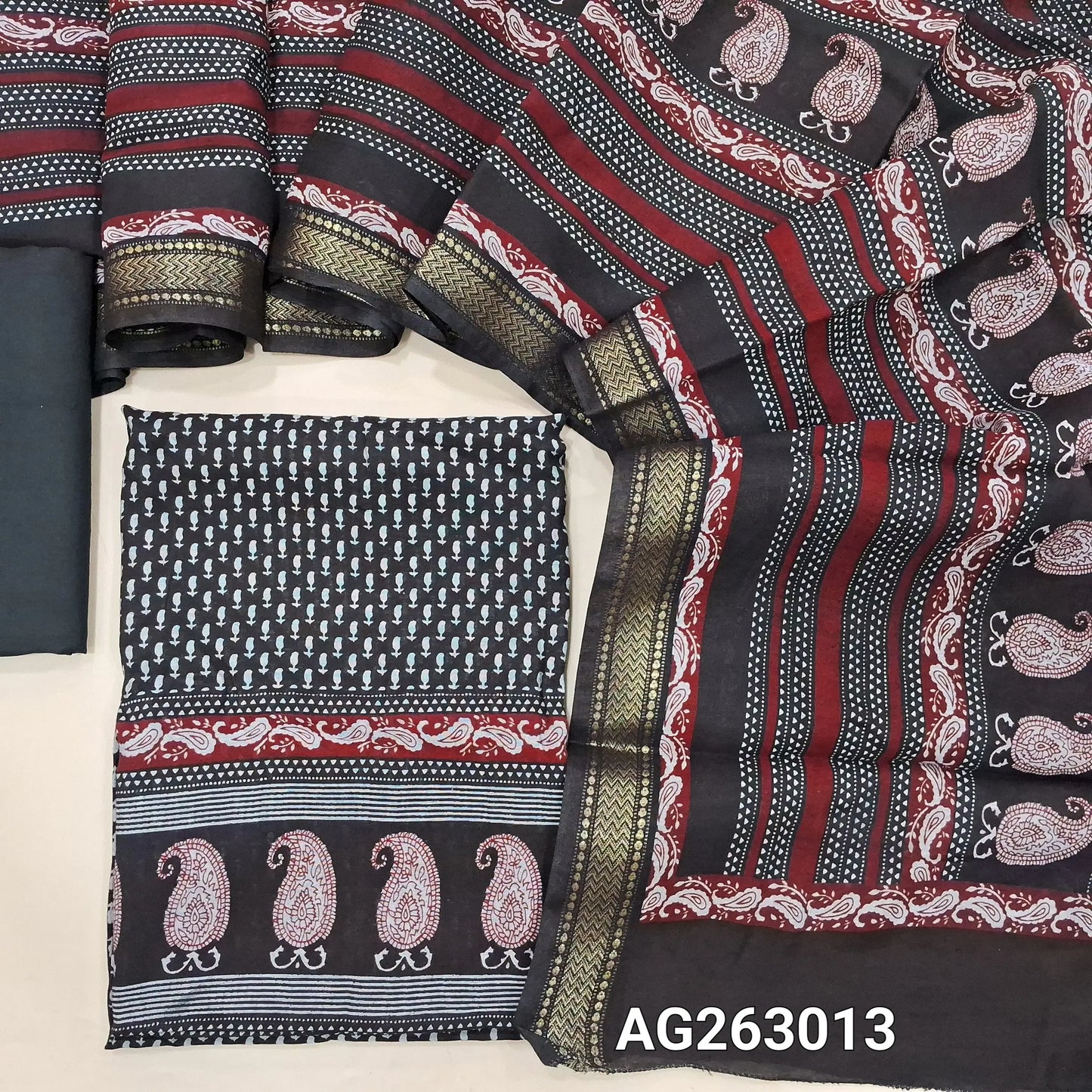 Black soft chanderi silk cotton unstitched salwar material, digital printed, zari woven borders for sleeves (Lining Needed) Matching Spun Cotton Bottom, Chanderi Silk Cotton dupatta with borders. AG263012