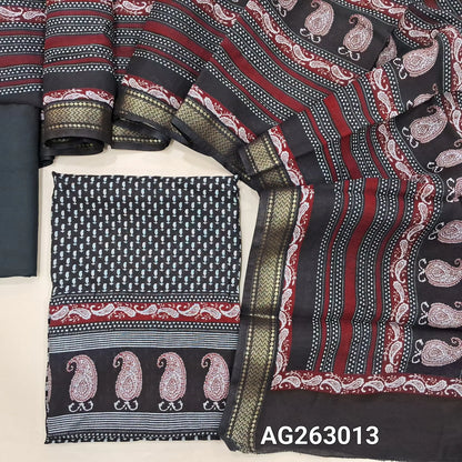 Black soft chanderi silk cotton unstitched salwar material, digital printed, zari woven borders for sleeves (Lining Needed) Matching Spun Cotton Bottom, Chanderi Silk Cotton dupatta with borders. AG263012