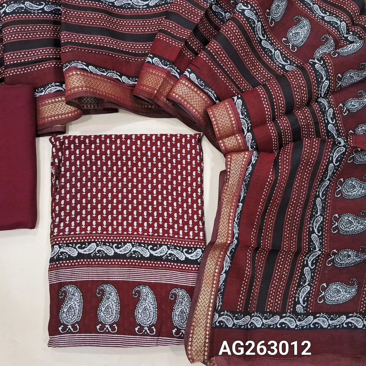 Reddish Maroon soft chanderi silk cotton unstitched salwar material, digital printed, zari woven borders for sleeves (Lining Needed) Matching Spun Cotton Bottom, Chanderi Silk Cotton dupatta with borders. AG263011