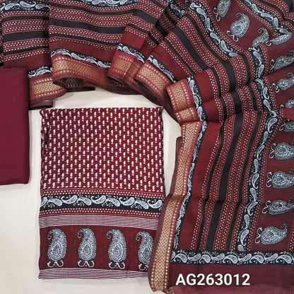 Reddish Maroon soft chanderi silk cotton unstitched salwar material, digital printed, zari woven borders for sleeves (Lining Needed) Matching Spun Cotton Bottom, Chanderi Silk Cotton dupatta with borders. AG263011