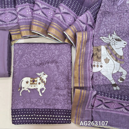 Mauve soft cotton digital printed unstitched salwar material, thread and sequins detailing (Lining Needed) matching spun cotton bottom, semi linen digital printed dupatta with lace tapings and borders. AG263107