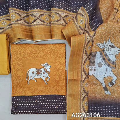 Mehandhi Yellow soft cotton digital printed unstitched salwar material, thread and sequins detailing (Lining Needed) matching spun cotton bottom, semi linen digital printed dupatta with lace tapings and borders. AG263106