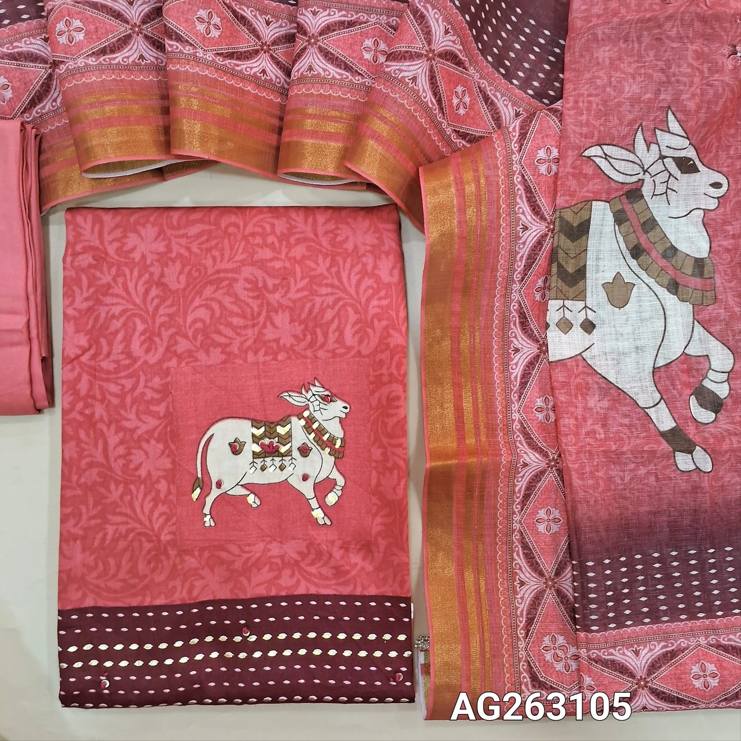 Pastel Pink soft cotton digital printed unstitched salwar material, thread and sequins detailing (Lining Needed) matching spun cotton bottom, semi linen digital printed dupatta with lace tapings and borders. AG263105