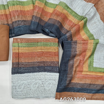 Light Brown base multicolored slub silk cotton unstitched salwar material, embroidery on daman (Lightweight, Textured, Lining Needed) spun cotton bottom, multicolored spun silk cotton dupatta. AG263008