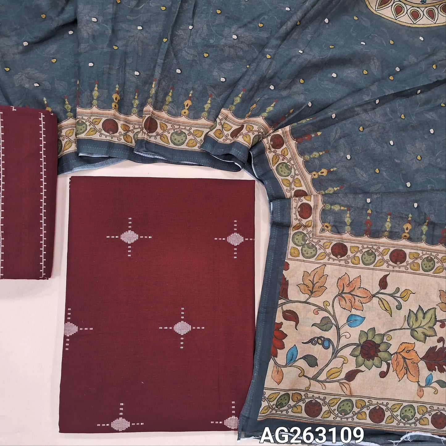 Maroon premium handloom cotton unstitched salwar material, thread weaving all over (Lining Optional) Premium handloom cotton bottom, digital printed soft mul cotton dupatta. AG263109