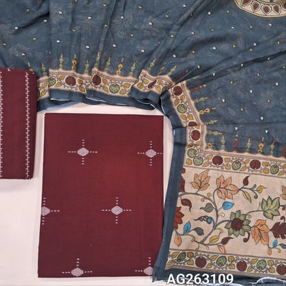 Maroon premium handloom cotton unstitched salwar material, thread weaving all over (Lining Optional) Premium handloom cotton bottom, digital printed soft mul cotton dupatta. AG263109